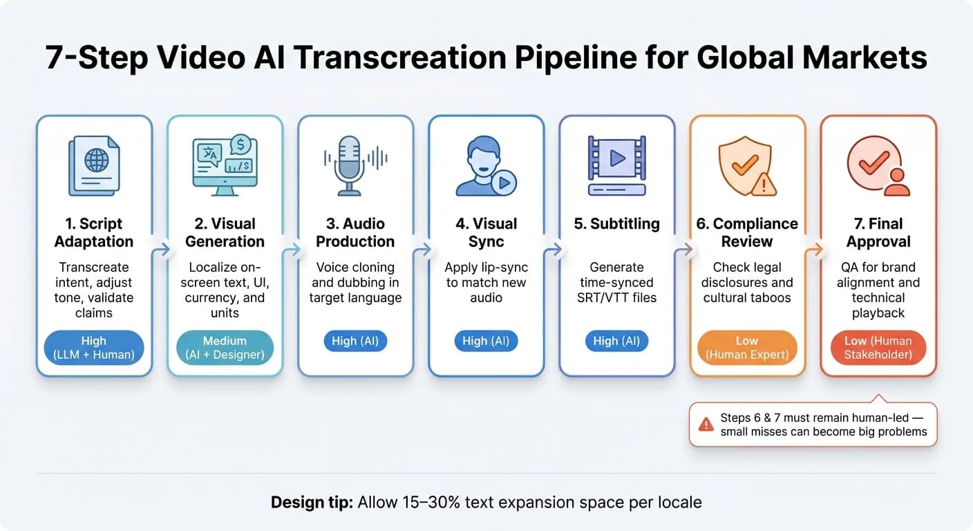 Pipeline de transcriação de vídeo AI em 7 etapas para mercados globais