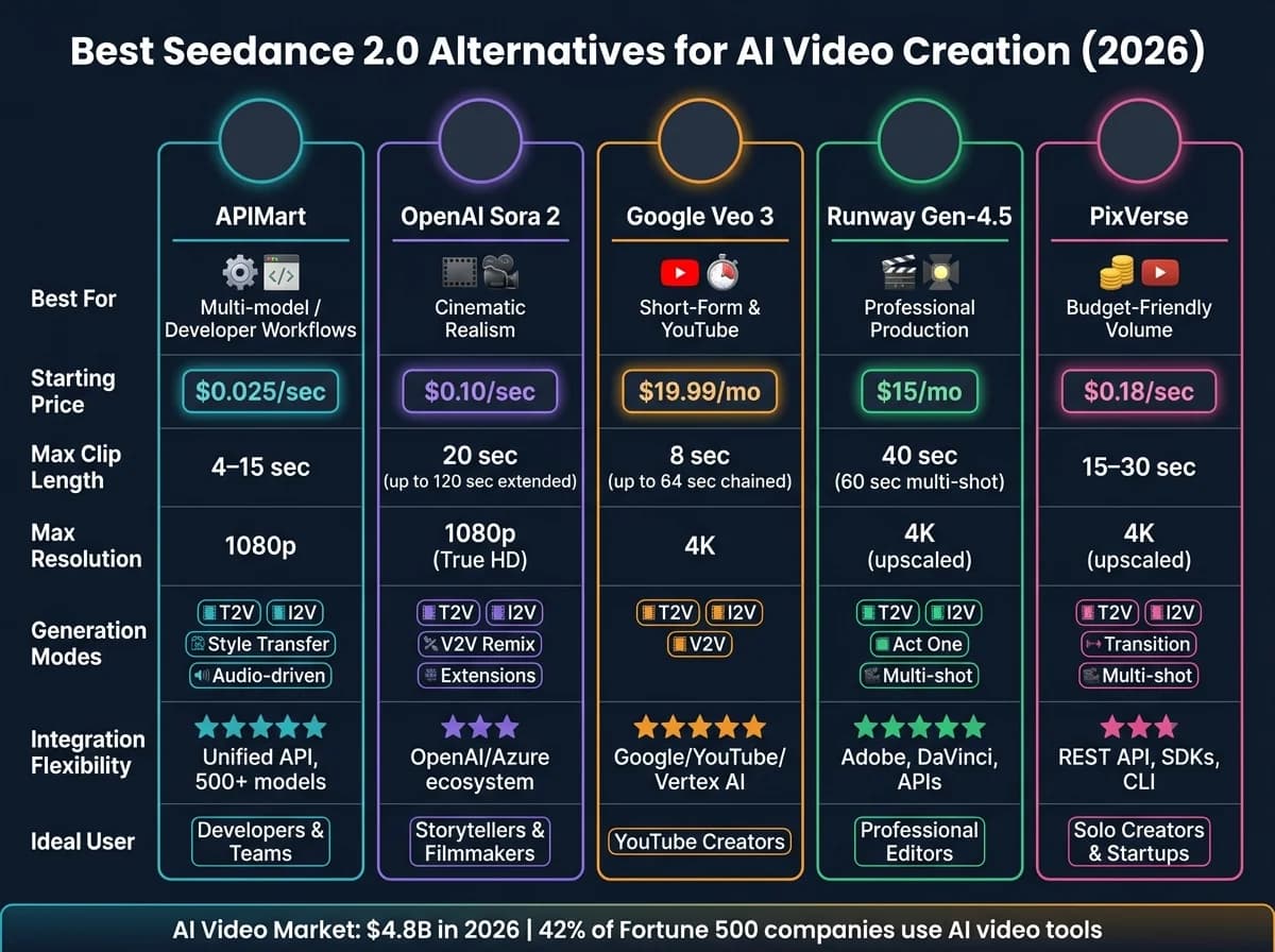 Meilleures alternatives à Seedance 2.0 : outils de vidéo IA comparés (2026)