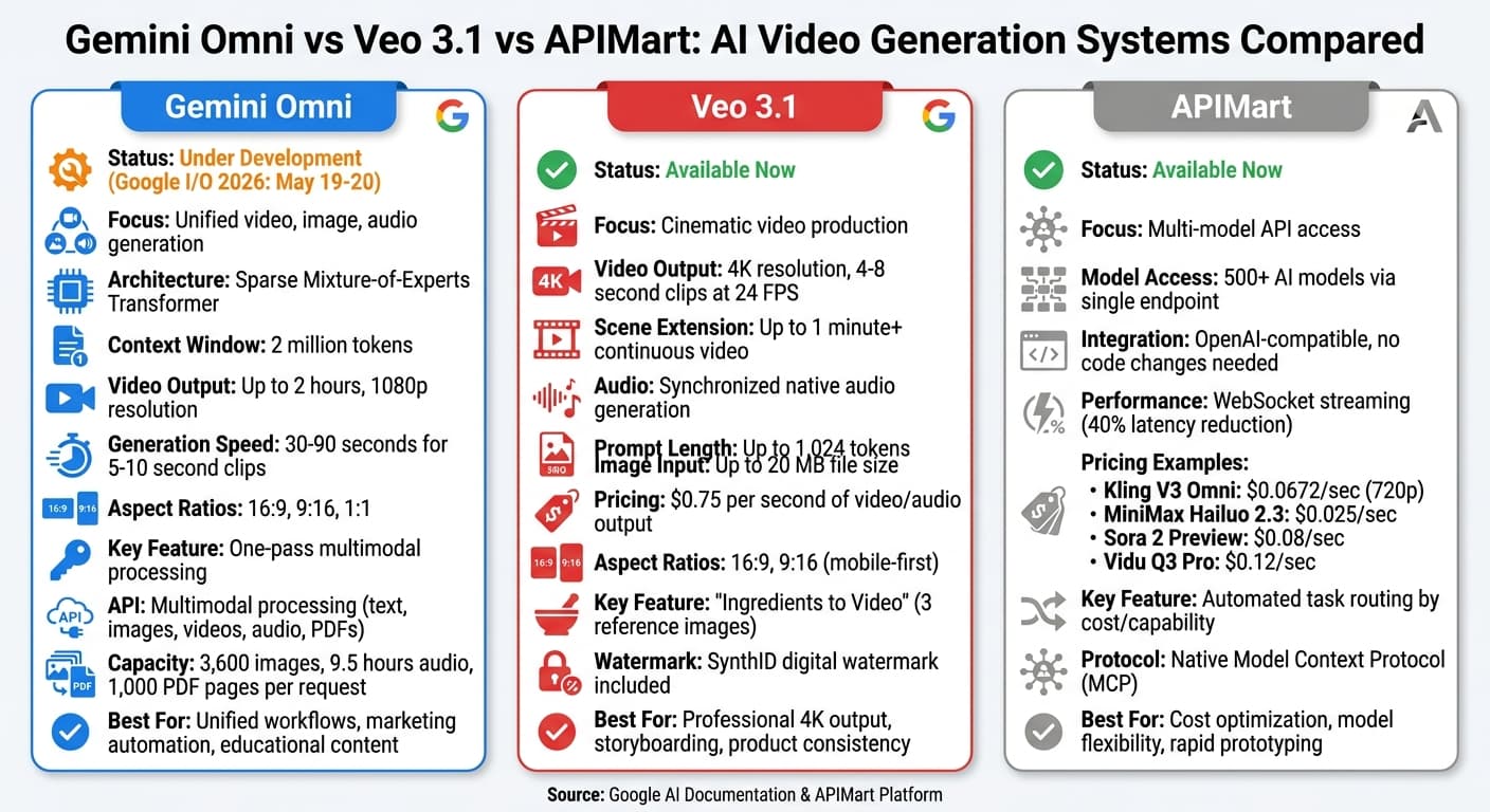 Gemini Omni、Veo 3.1、APIMartの機能比較