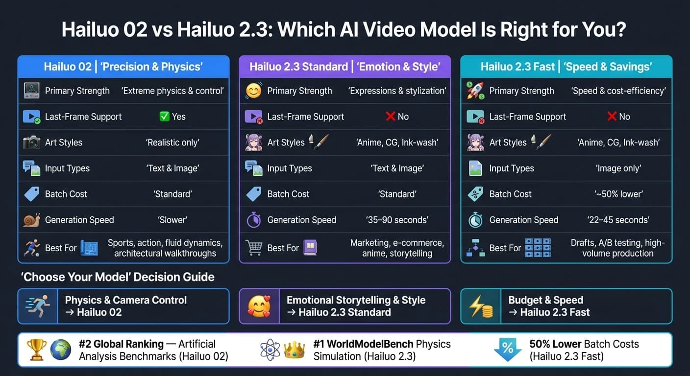 Hailuo 02 と Hailuo 2.3：AI 動画モデル比較