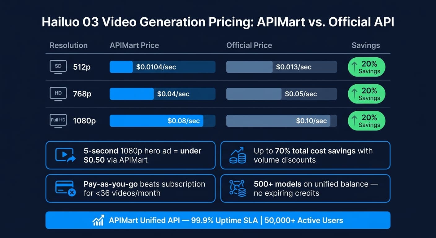 Hailuo 03 API 定价：APIMart 与官方各分辨率价格对比