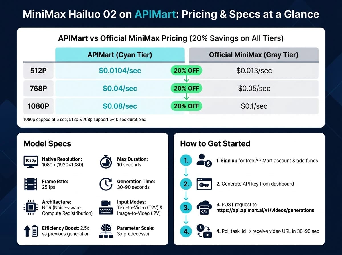 MiniMax Hailuo 02：APIMart 与官方定价及核心规格对比