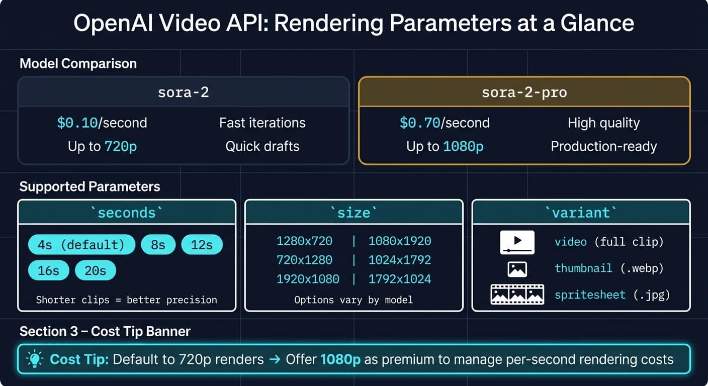 API de Vídeo de OpenAI: comparación de los modelos sora-2 vs sora-2-pro y parámetros de renderizado