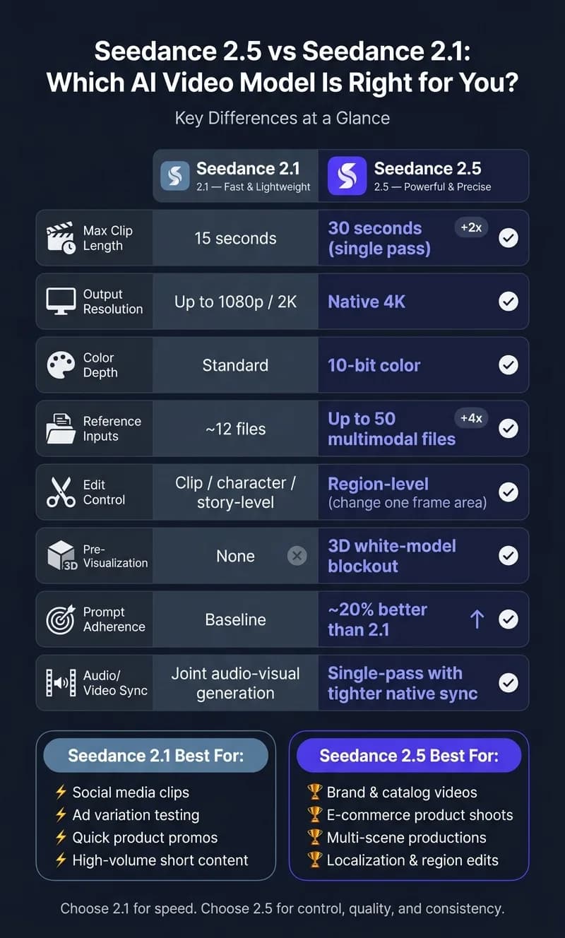 Seedance 2.5 vs 2.1: Full Feature Comparison