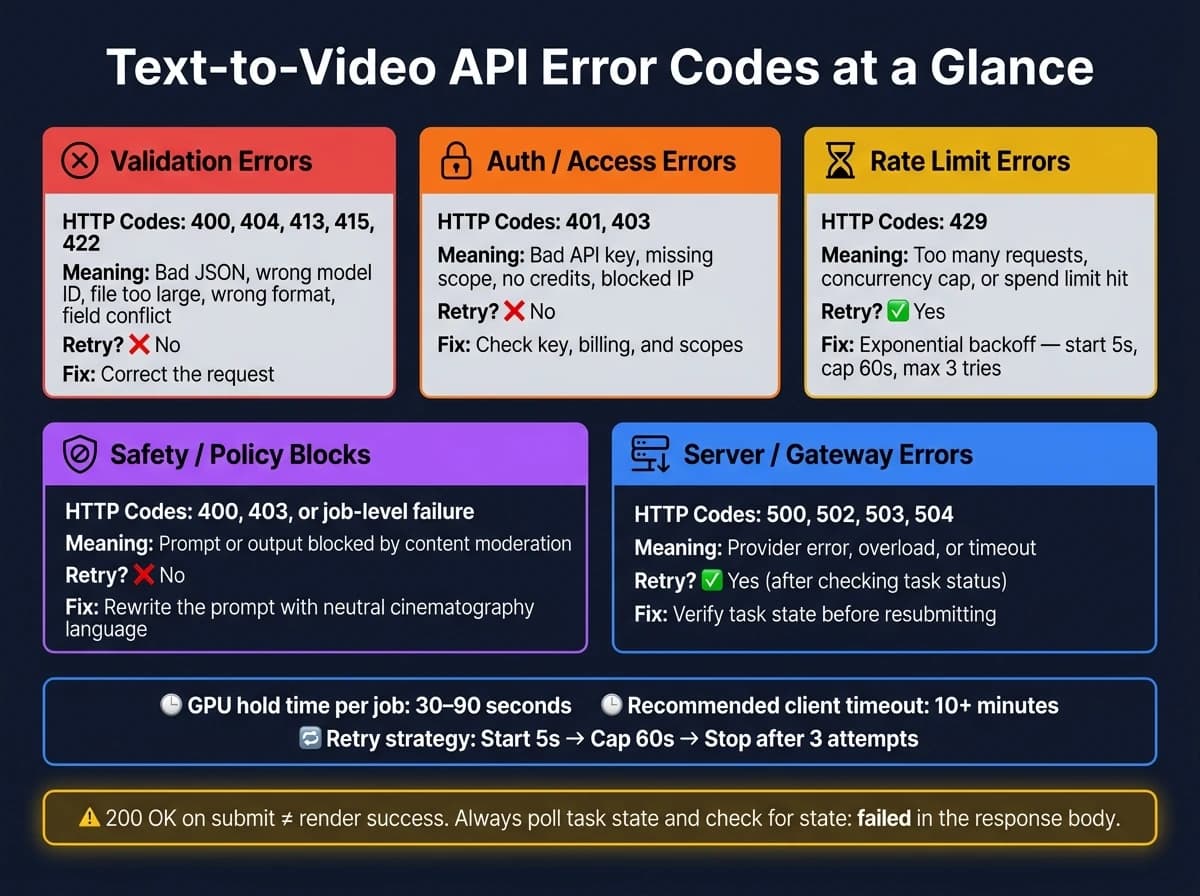 Codes d'erreur des API text-to-video : guide de référence rapide