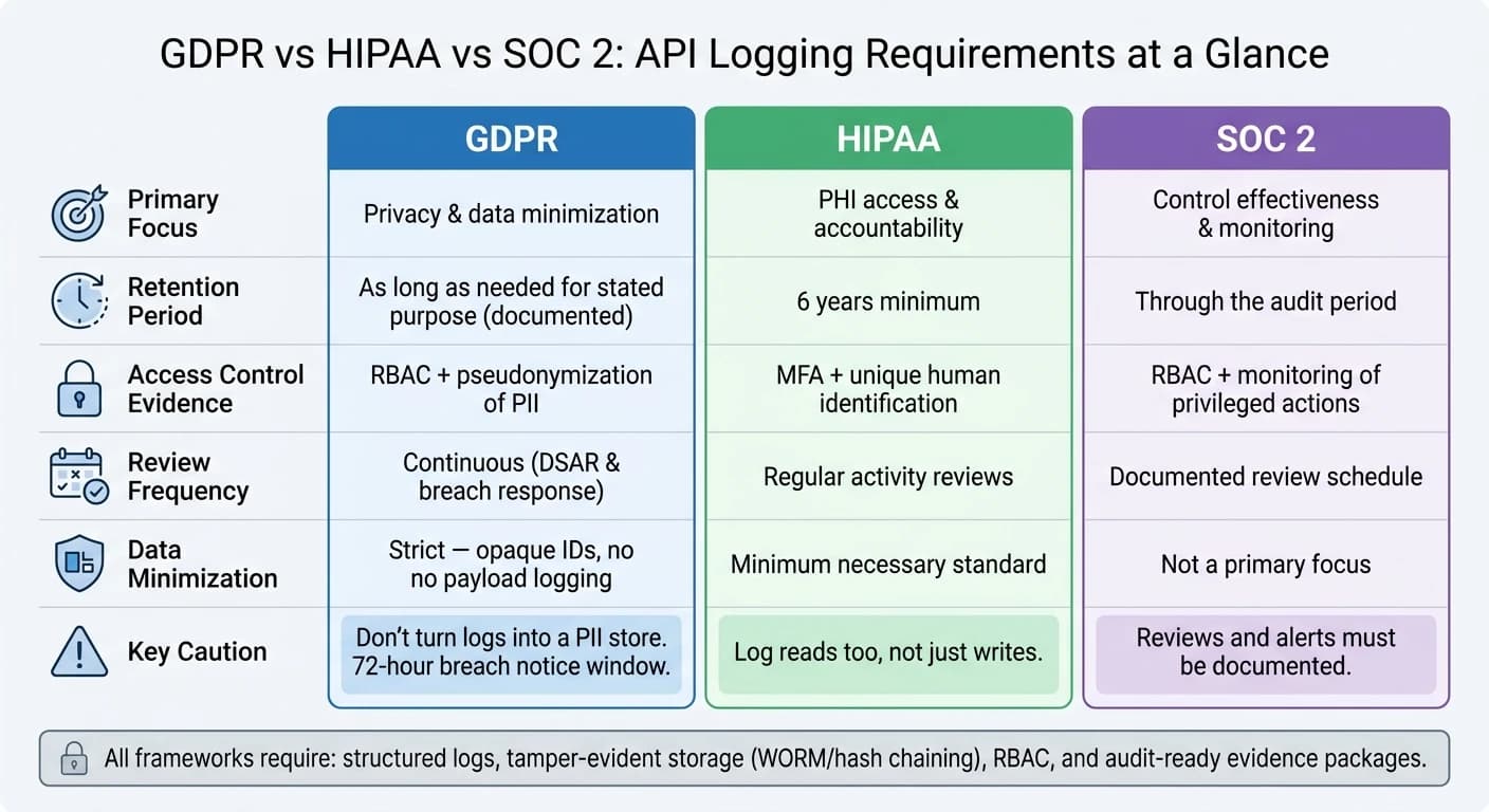 GDPR vs HIPAA vs SOC 2: requisitos de registro de API de un vistazo