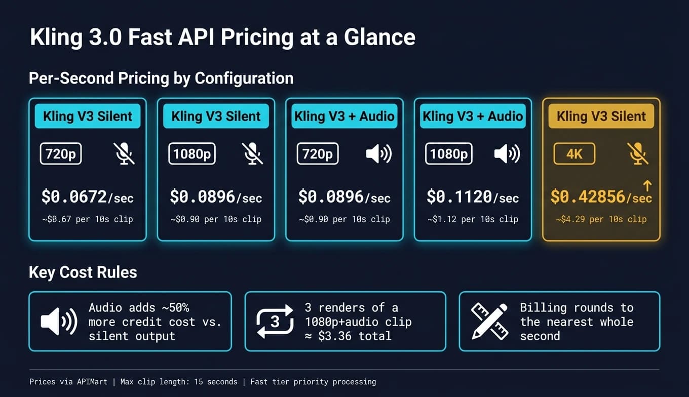 Kling 3.0 Fast API-Preise: Kosten nach Auflösung & Audio (2026)