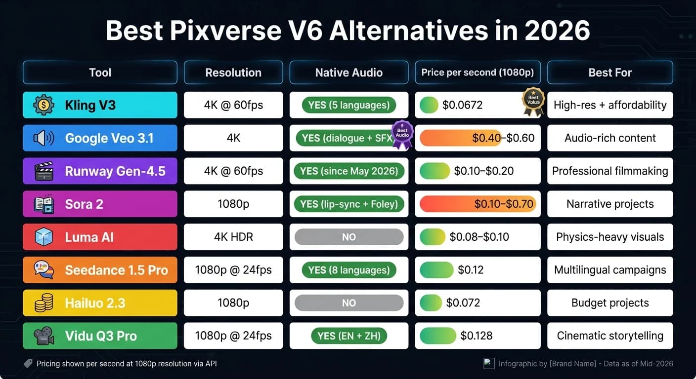 Best Pixverse V6 Alternatives in 2026: Side-by-Side Comparison