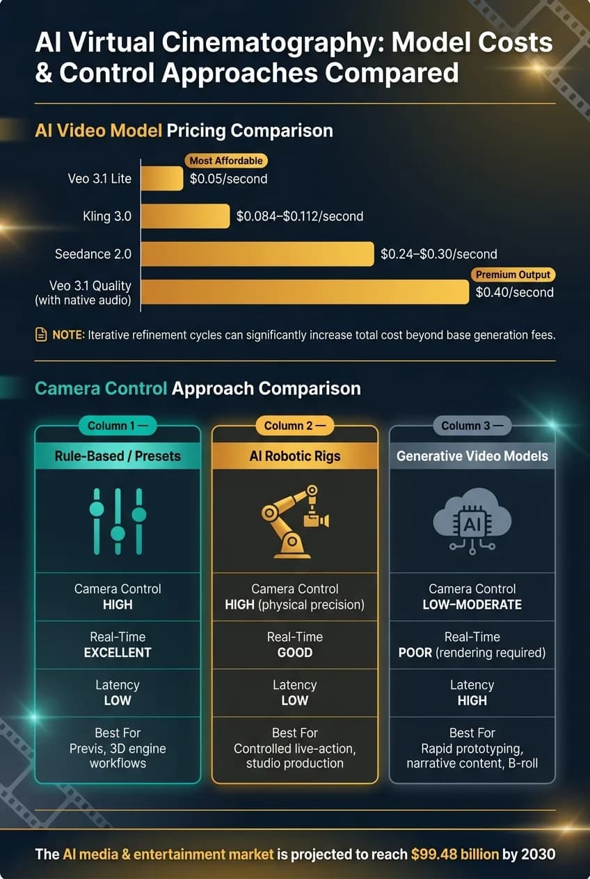 AI Virtual Cinematography: Control Approaches & Costs Compared